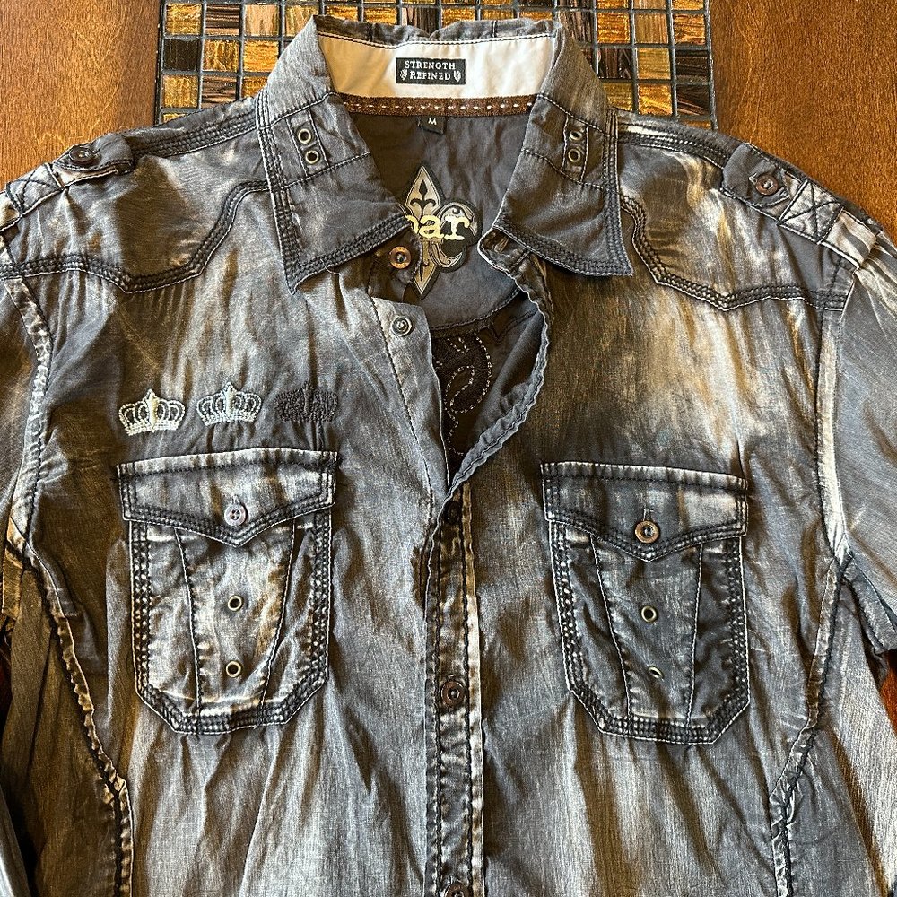 ROAR Men's Med Blue Gray Embroidered Distressed Long Sleeve Button Shirt